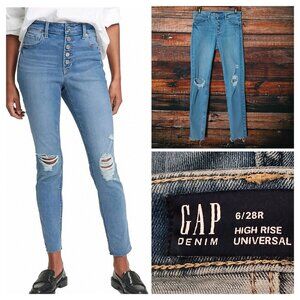 GAP Jeans 28 6 High Rise Universal Legging Distressed Button Fly Blue Denim